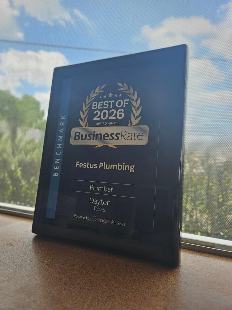 BusinessRate Best of 2026 award plaque for Festus Plumbing, Plumber, Dayton, Texas